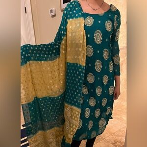 Teal and Yellow Patterned Kurta Set